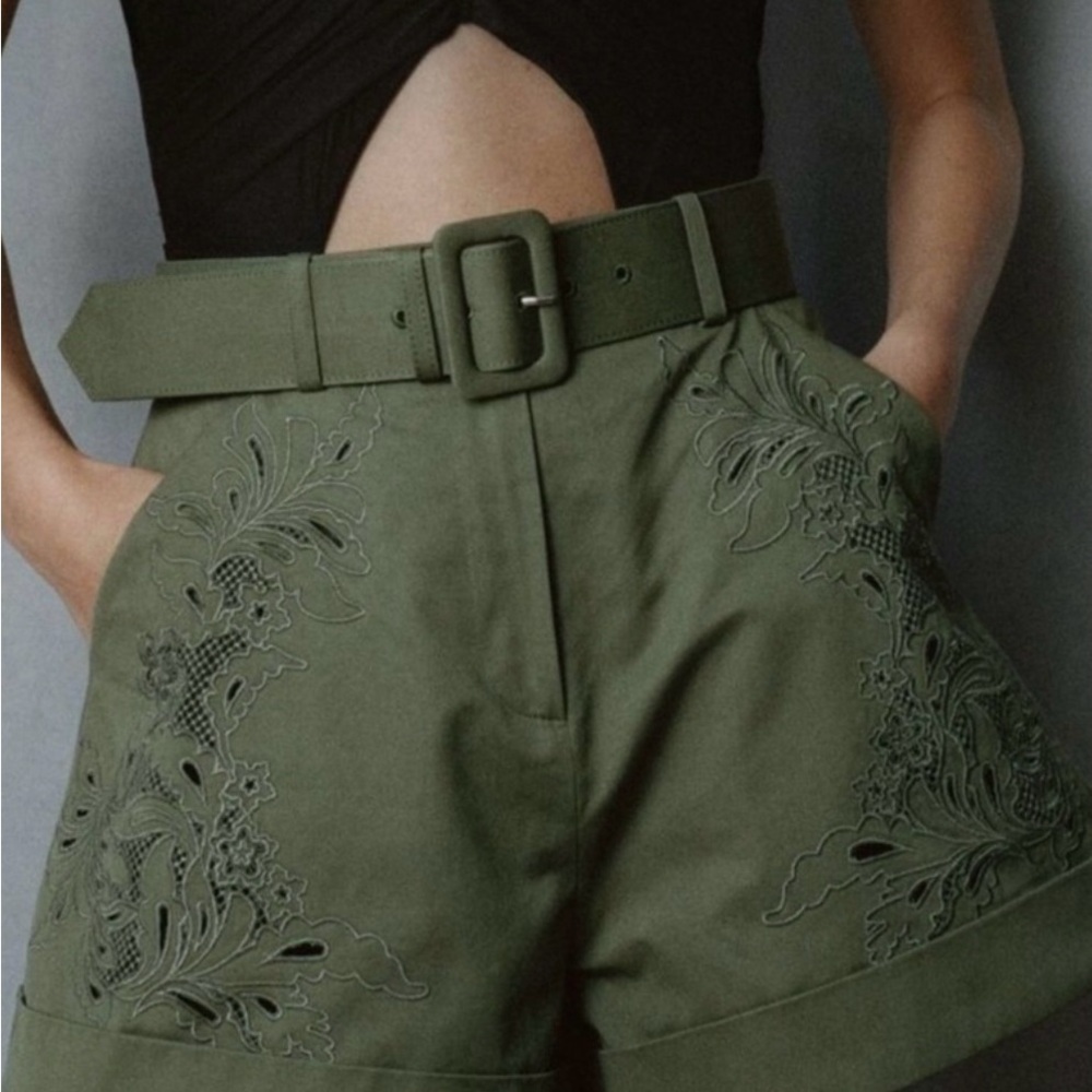 Self-Portrait Olive Green High-Waist Embroidered Shorts with Belt